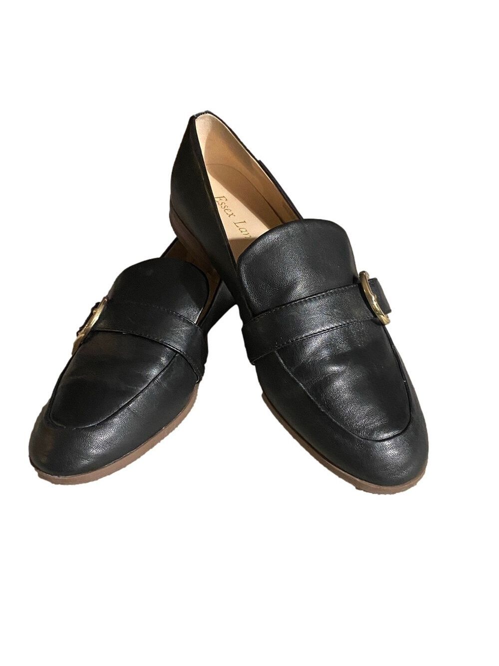 Essex Lane Gemma Black Leather Loafers – Gold Buckle – Sz 9